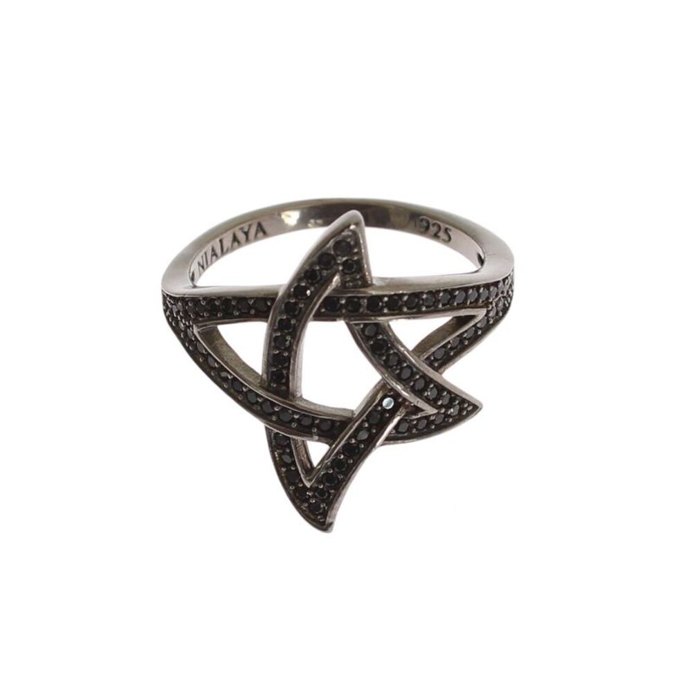 Nialaya Black CZ Rhodium 925 Silver Womens Ring